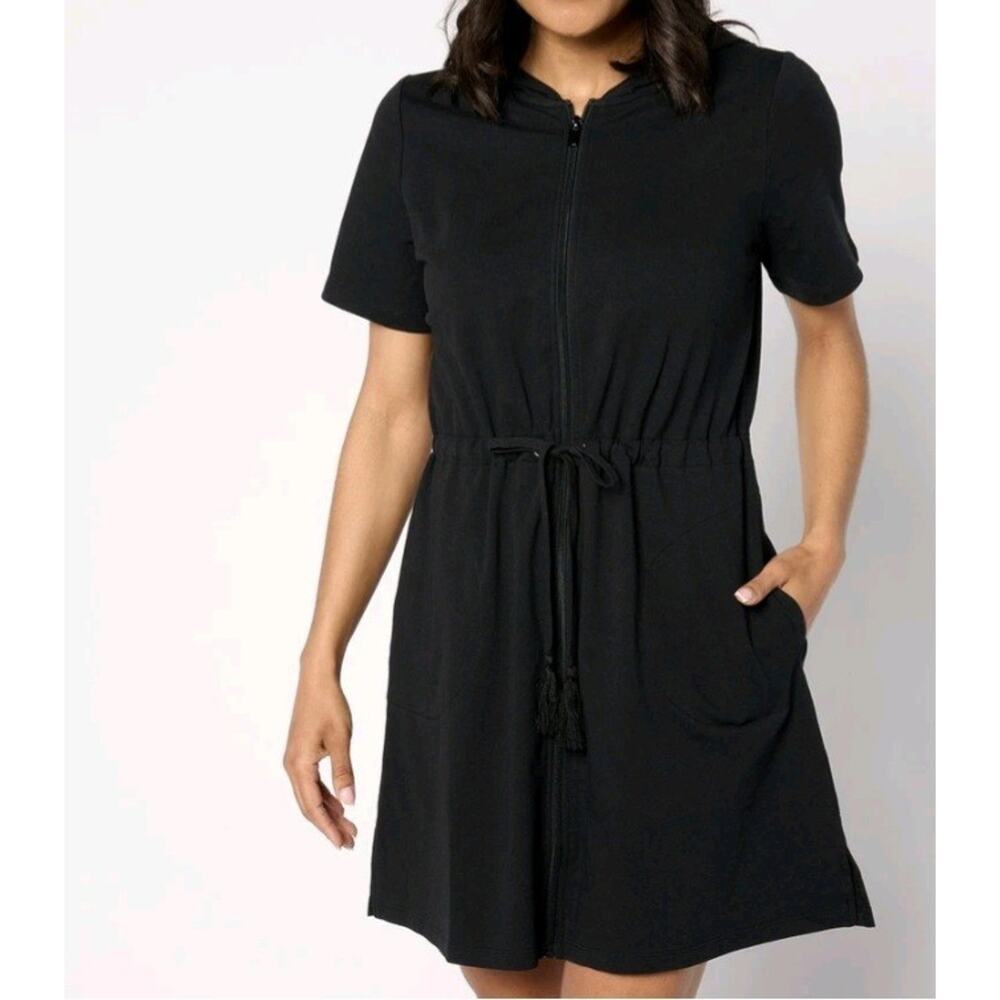 Denim & Co Size Petite L Black French Terry Zip Up Cover Up Dress A634781 NWOT